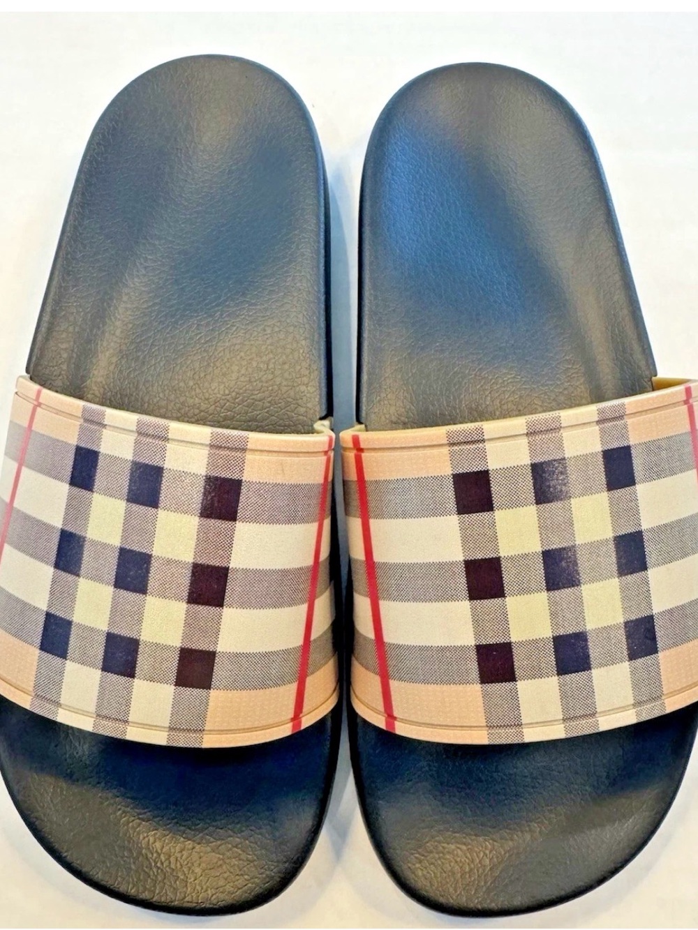 Burberry Black Leather Slide Sandals with Beige Nova Check Straps